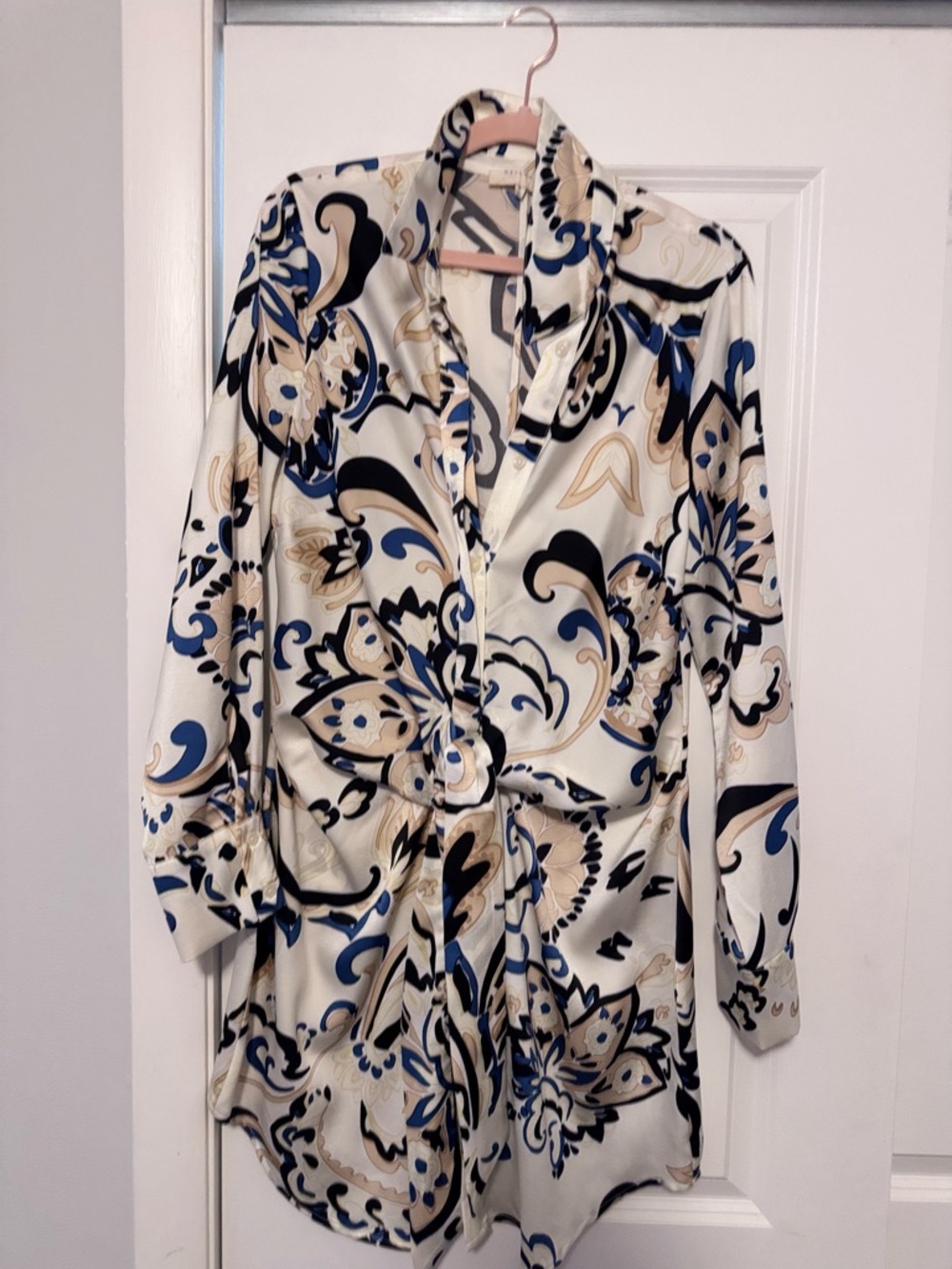 MELLODAY Cream Tunic with Blue, Black & Tan Scroll Print